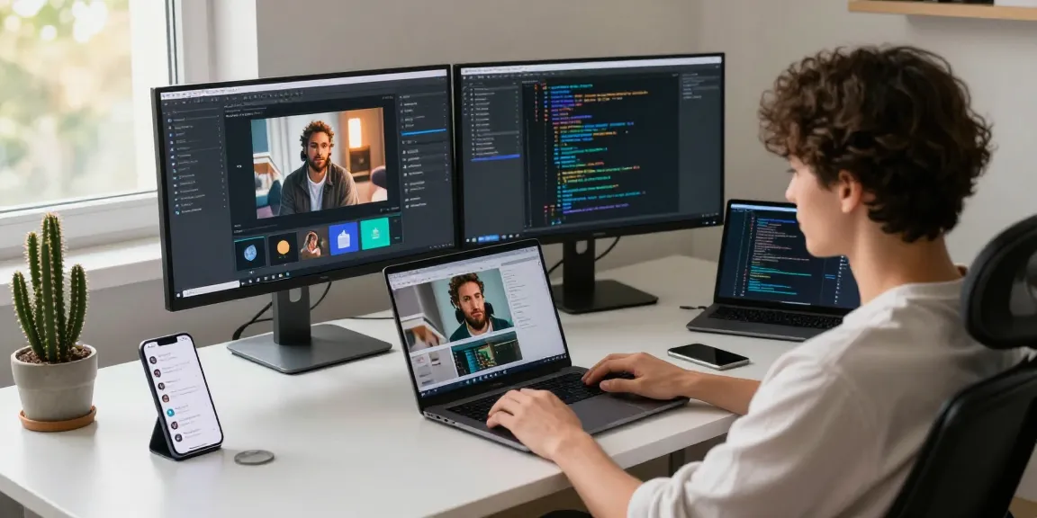 Using a free AI image detector to analyze photo authenticity in a modern tech workspace.