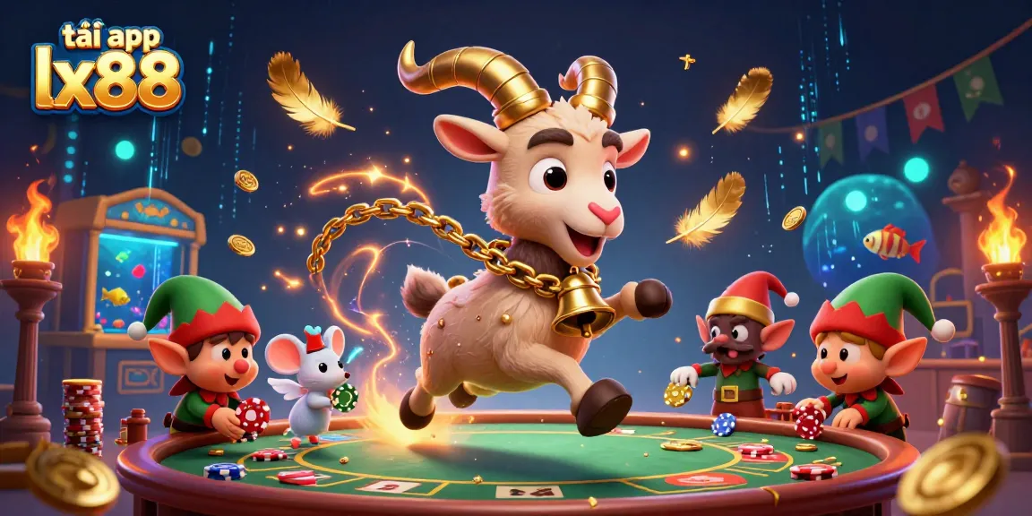 Experience the thrill of tải app lx88 in a vibrant casino scene with a cartoon Krampus goat and playful characters.