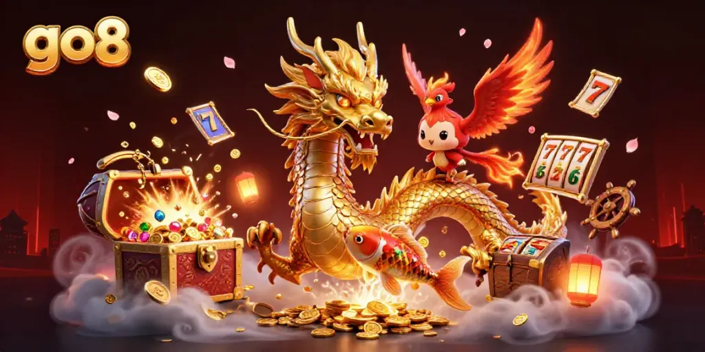 Engage with go8 casino's vibrant gaming scene featuring mythical characters and dynamic slot elements.