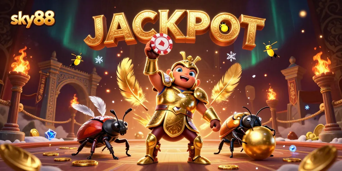 sky88 celebrates a winning moment with animated beetle characters in a vibrant casino scene.
