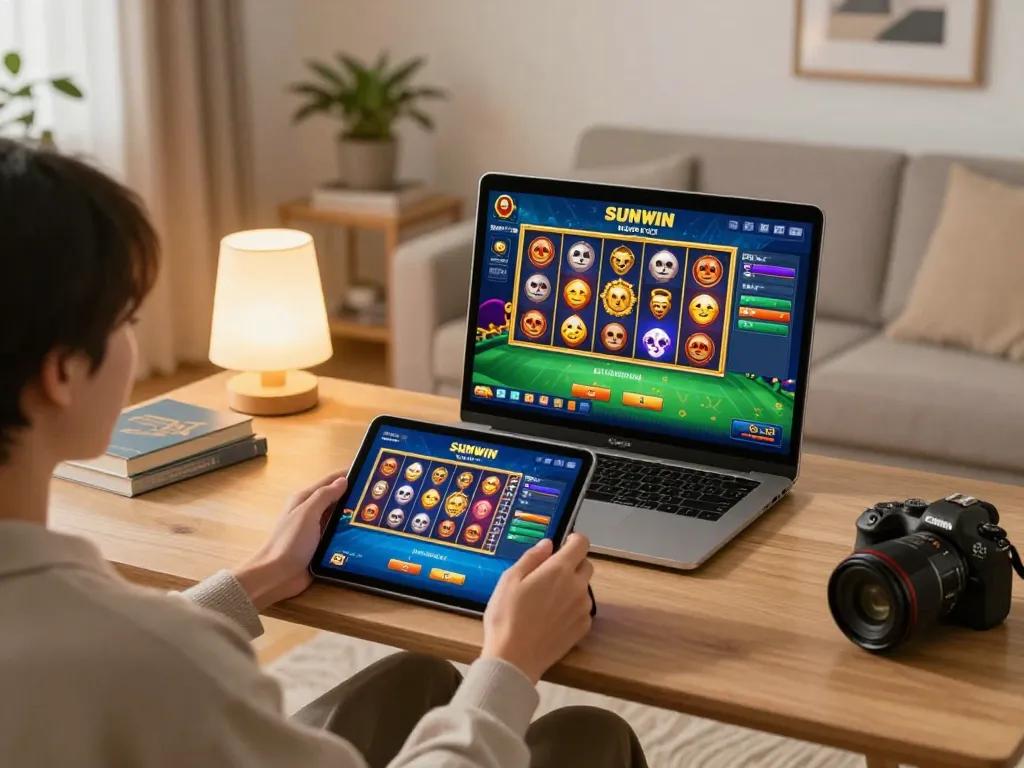 TẢI SUNWIN on a tablet with dynamic gaming visuals in a cozy home setup.
