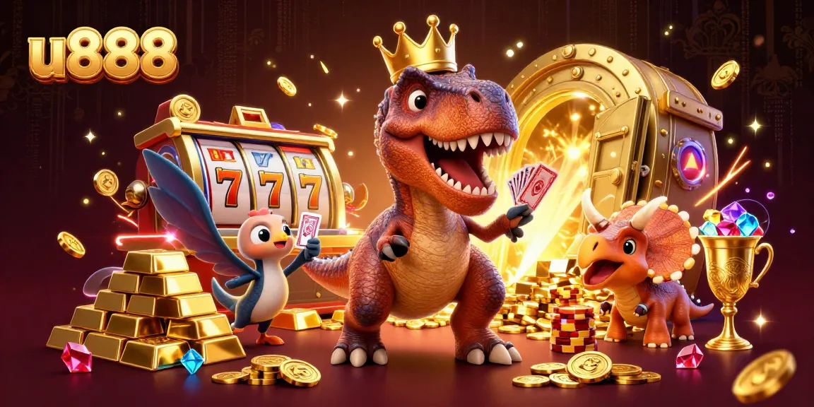 u888 showcases vibrant card shuffling with T-Rex and pterodactyl amid exciting slot elements.