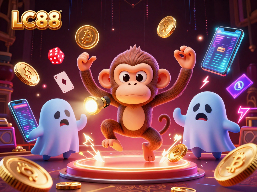 Experience thrilling gaming at LC88 with a mischievous monkey and ghost-hunter puppy amid neon adventures.