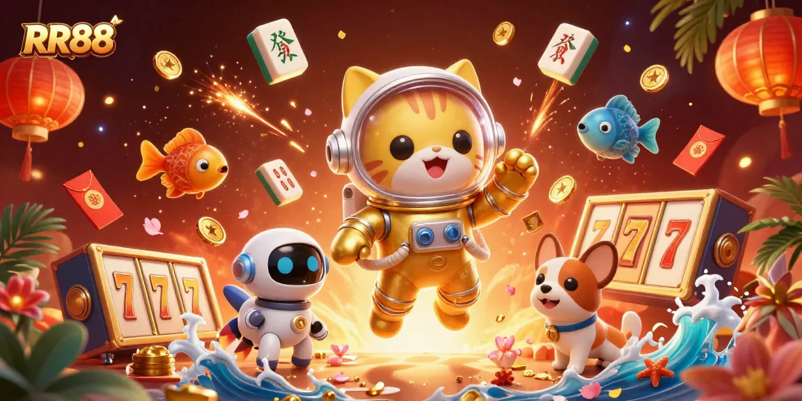 RR88 showcases exciting gaming adventures with floating golden tiles and a lively atmosphere.