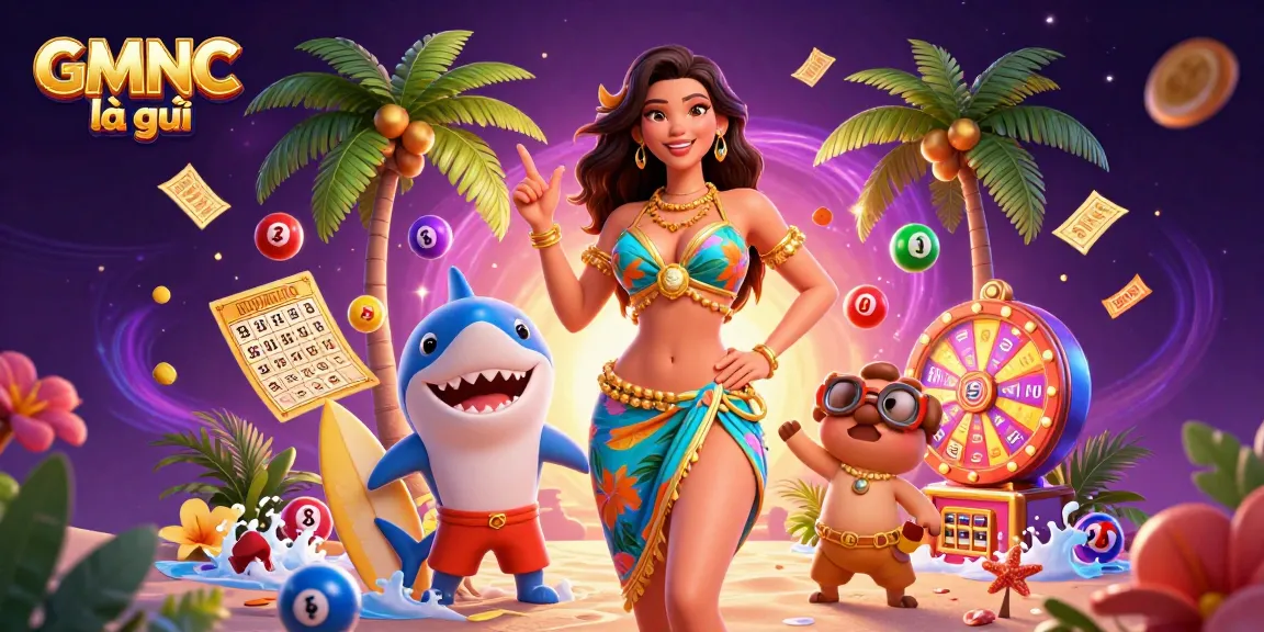 Engage with the dynamic casino experience of GMNC là gì, featuring a glamorous beach goddess and a surfing shark.