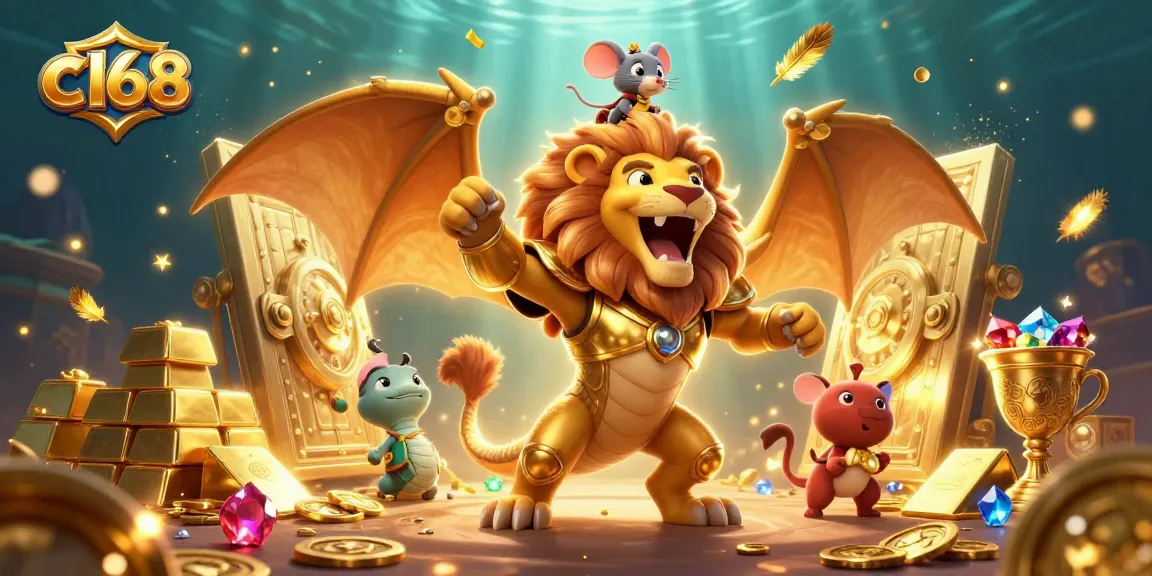 Experience the excitement of c168 with a roaring chimera guardian amidst treasure and casino elements.