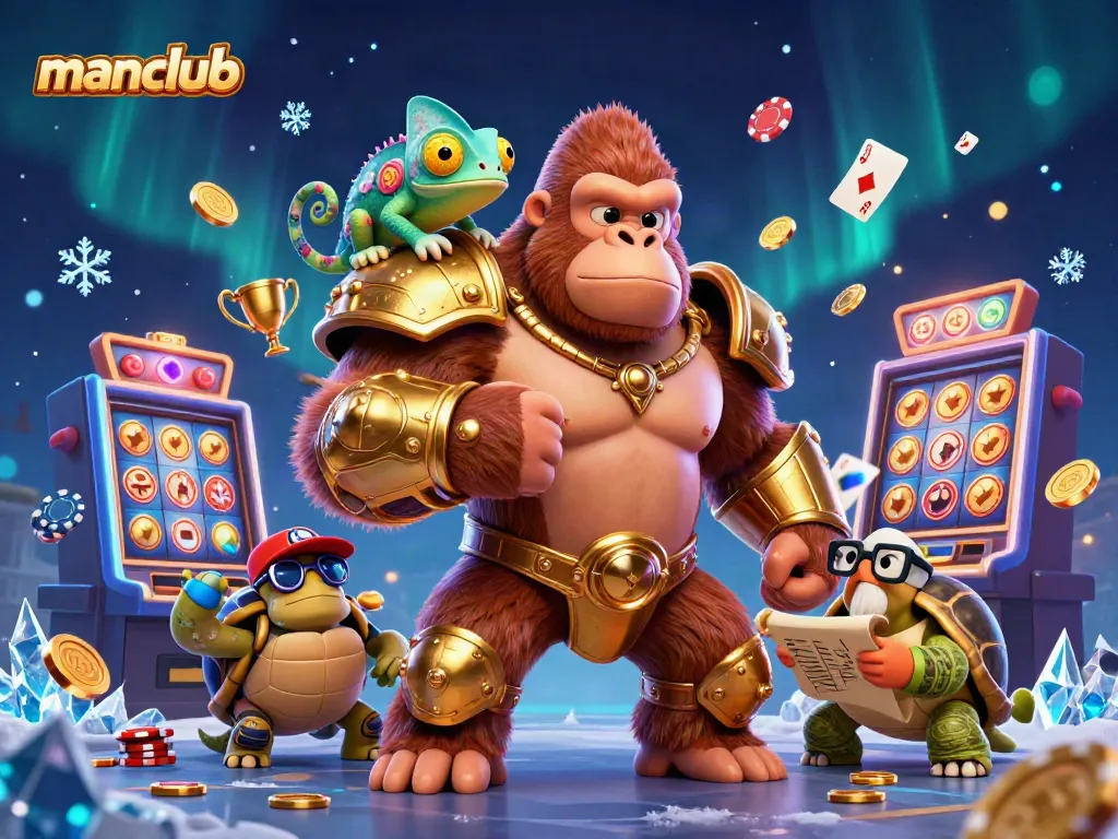 Experience thrilling wins at manclub, featuring vibrant 3D characters in a dynamic casino setting.