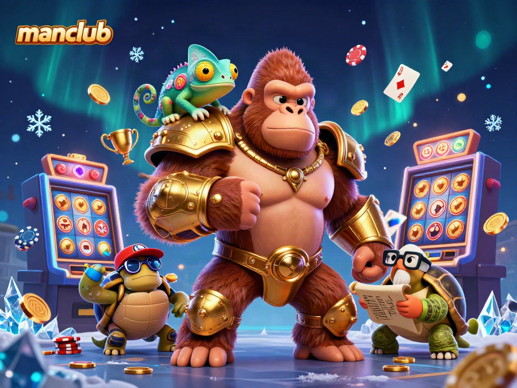 Experience thrilling wins at manclub, featuring vibrant 3D characters in a dynamic casino setting.