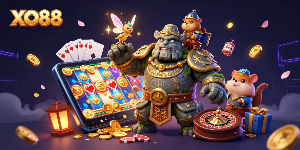 Experience thrilling gaming at XO88 with a stone golem guardian and magical elements in a vibrant casino scene.