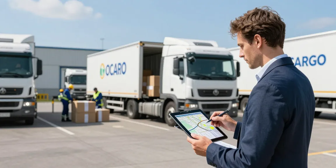 LKW Spedition in Dortmund mit Logistikmanager, der Transportpläne überprüft.