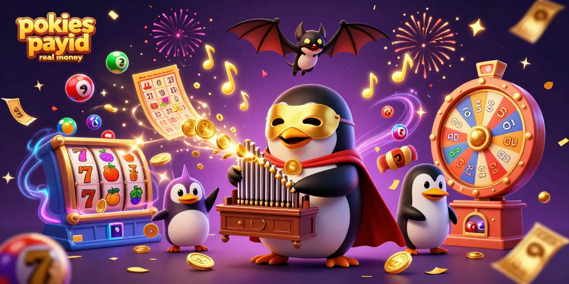 Play exciting pokies payid real money with a vibrant casino scene featuring animated characters and game elements.