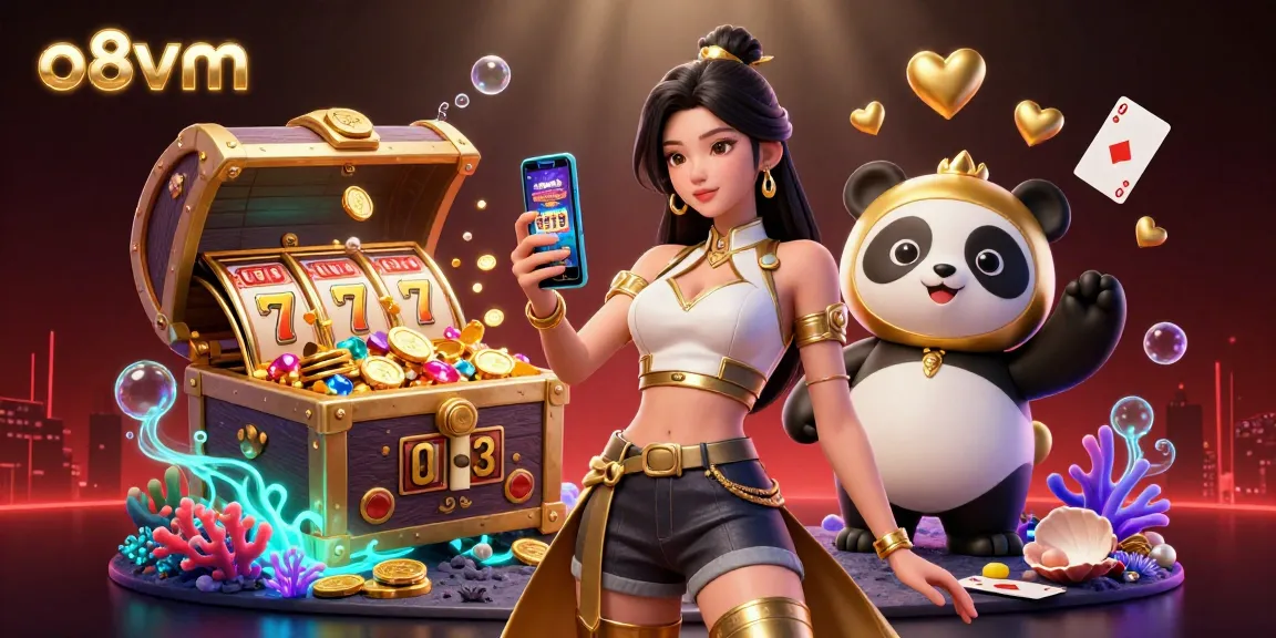 Engage in thrilling casino gameplay with o8vm, featuring a dynamic 3D illustration of players enjoying slot machines and capturing fun moments.