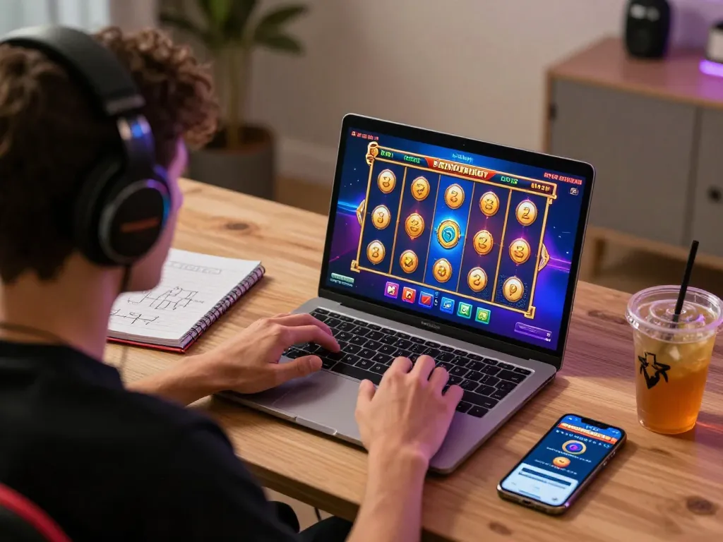 Player enjoying an online slot luar negeri game on laptop with vibrant visuals, showcasing fun gambling experience.