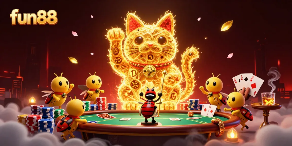 Experience fun88 with a vibrant lucky cat and dynamic casino elements in this 3D illustration.