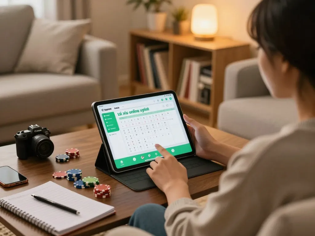 Engaging with app tài xỉu online uy tín while seated in a cozy home setting for responsible gaming.