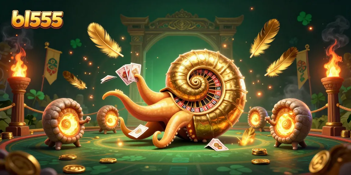 Engage with the vibrant world of bl555, where a giant nautilus interacts with glowing cards and enticing casino elements.