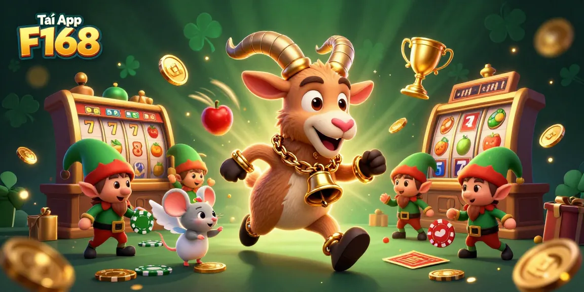 Tải App F168 to enjoy thrilling gaming experiences in a festive casino scene with 3D characters.