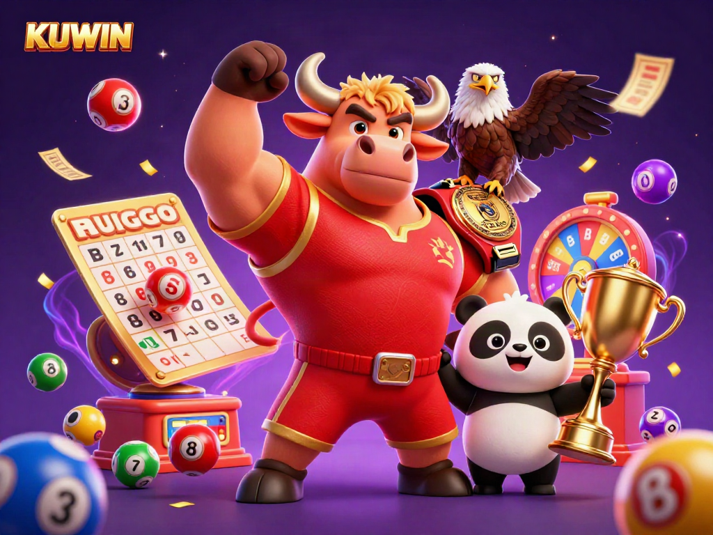 KUWIN casino illustration featuring a victorious bull mascot, eagle, and panda surrounded by colorful lottery elements.