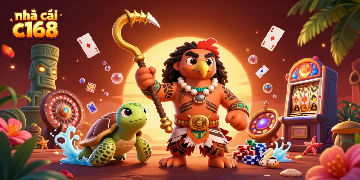 Experience the excitement at nhà cái c168 with vibrant casino characters and dynamic gaming elements in an enchanting scene.