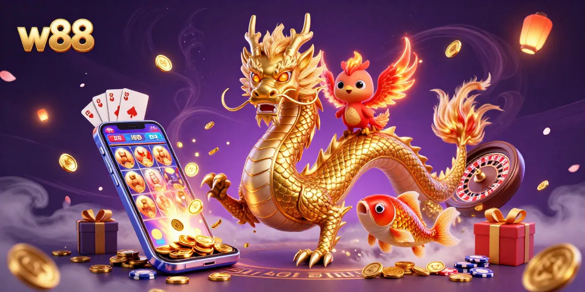 Trải nghiệm cá cược hấp dẫn tại w88 với rồng vàng và cá koi bay qua tiền xu.