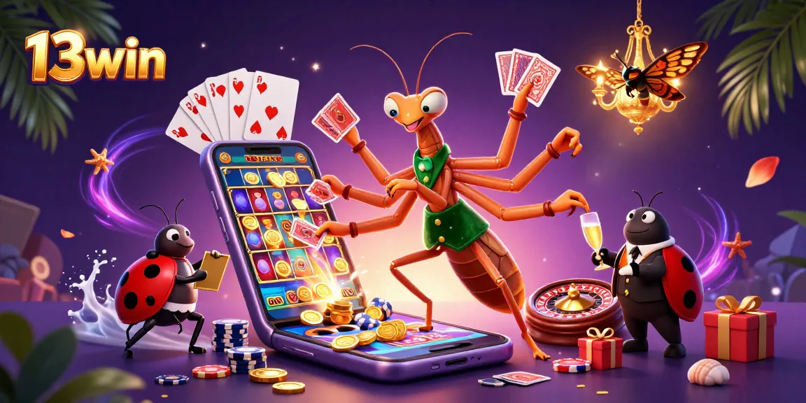 Engage with the vibrant 13win casino scene featuring a mantis dealer, ladybug pit boss, and dynamic game elements.