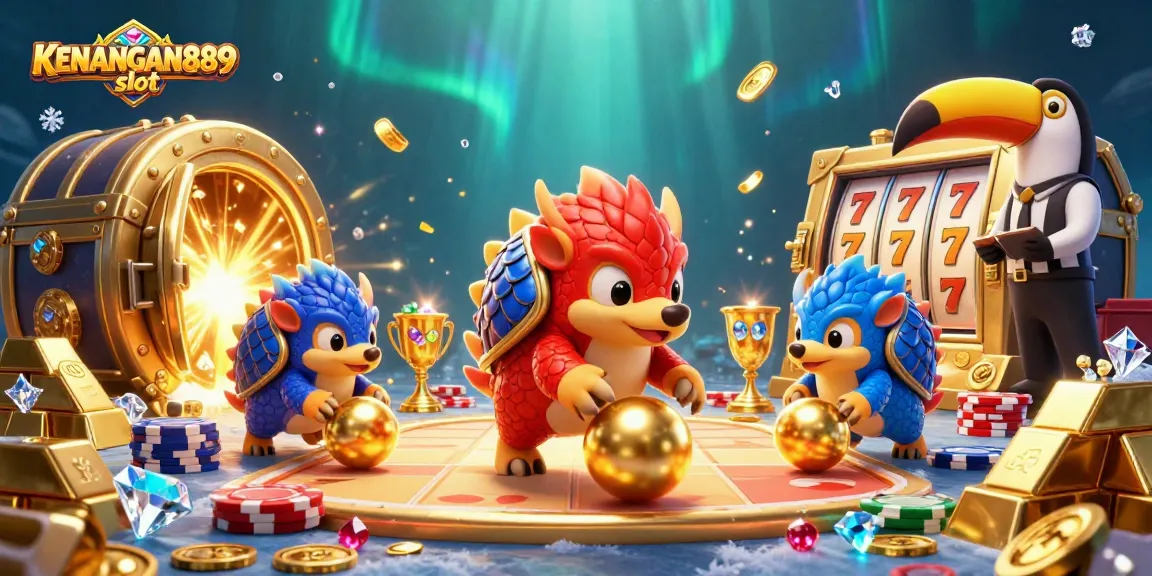 Join the thrilling fun at KENANGAN889 slot with rival pangolins competing in a vibrant casino scene.
