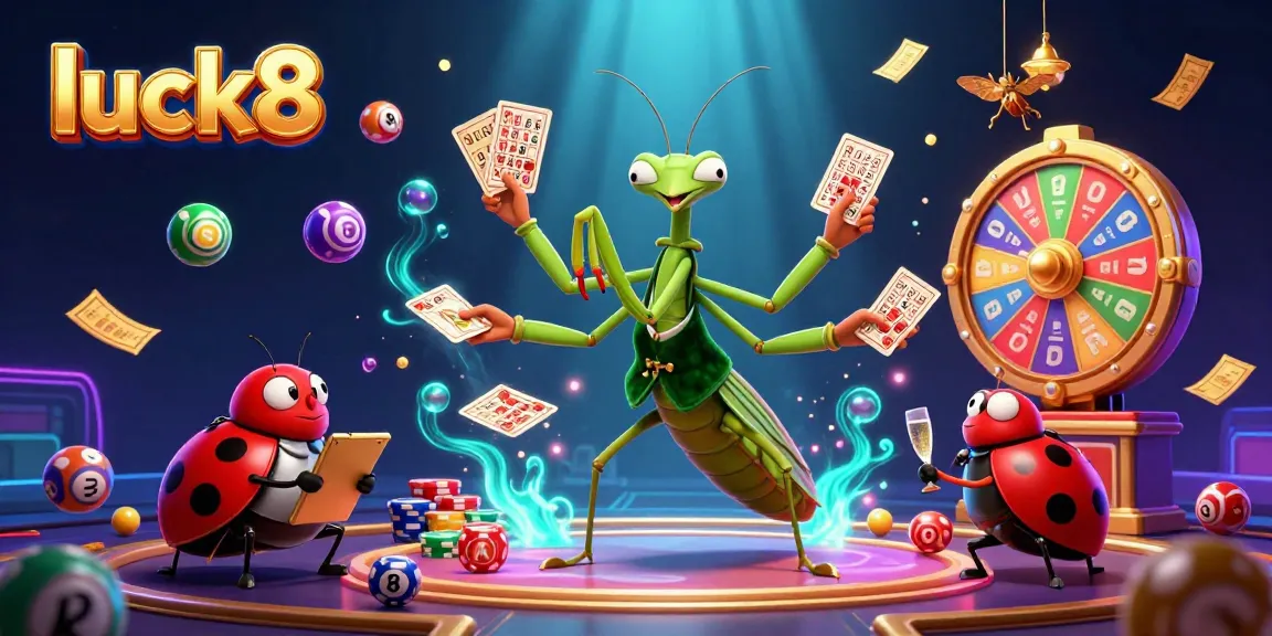 Engage with luck8's vibrant gaming world featuring animated elements of card games and colorful lottery balls.