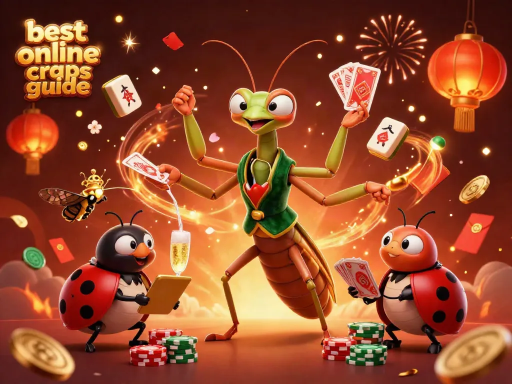 Best online craps guide with cartoon mantis dealer and ladybug pit boss in a vibrant casino setting