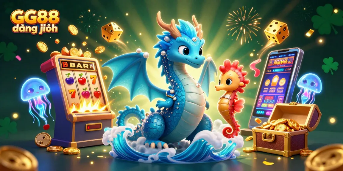 Experience adventure with GG88 đăng nhập featuring a playful water dragon and vibrant casino elements.