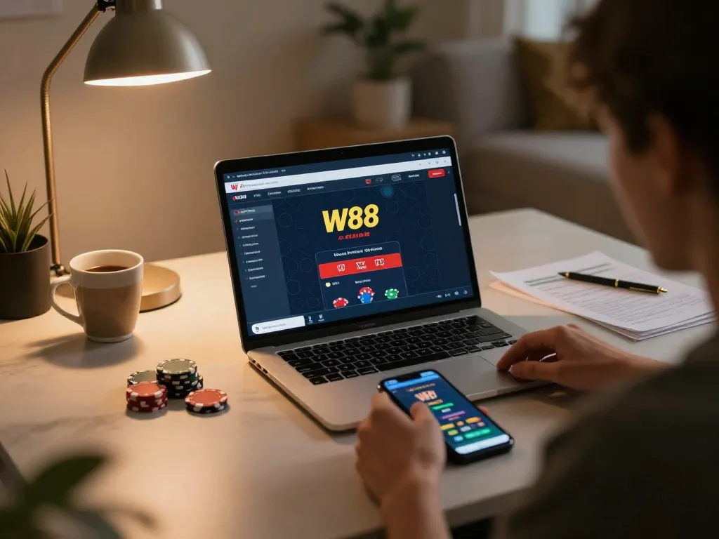 W88 online gaming setup showing a player strategizing for poker with phone and laptop.