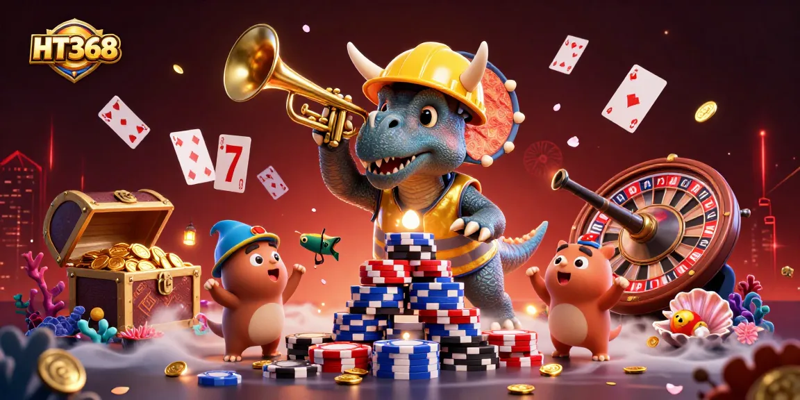 HT368's thrilling casino scene with 3D characters building poker chip pyramids and celebrating the game atmosphere.