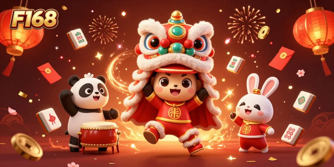 Experience F168's vibrant casino atmosphere with lively characters and festive decorations.