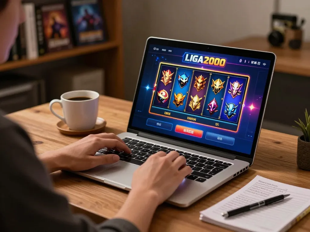LIGA2000 player enjoying online slots on laptop in a cozy home setting, emphasizing focused gaming.