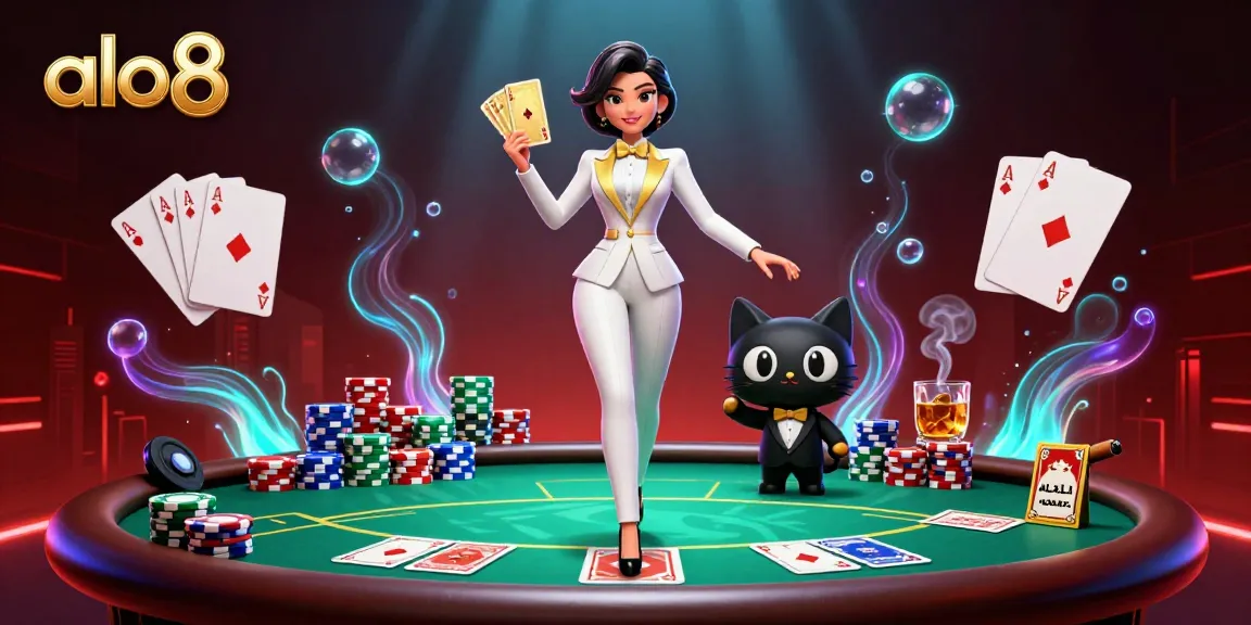 Play poker with alo8, featuring an elegant woman shuffling cards with a tuxedo cat amidst vivid casino elements.
