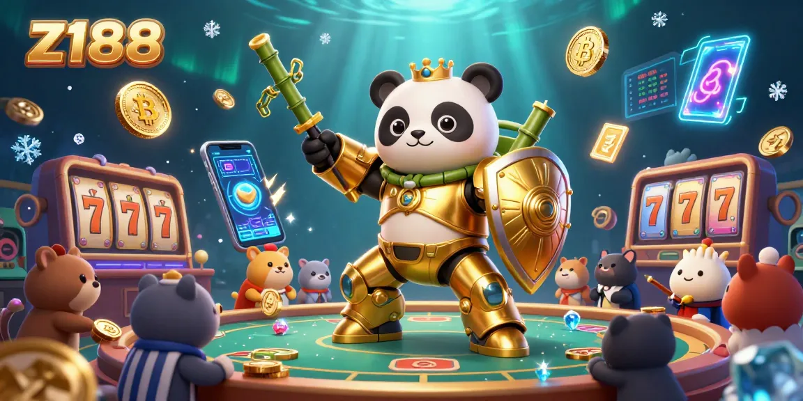 Engage in z188's vibrant 3D casino scene with animated pandas, crypto games, and festive atmosphere.