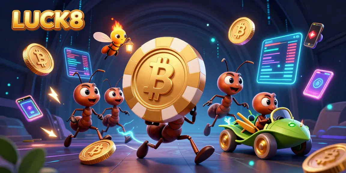 LUCK8's casino scene features ants heisting a giant poker chip in a vibrant, digitally enriched environment.