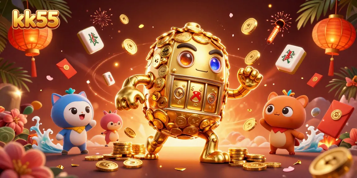 Experience thrilling gaming at kk55 with a vibrant 3D golden golem surrounded by casino elements.