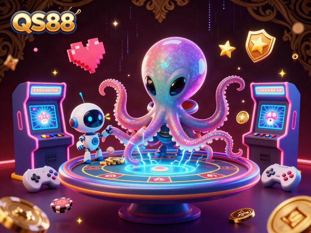 Engage in electrifying games at QS88 with a vibrant 3D scene featuring an alien octopus and holographic casino elements.