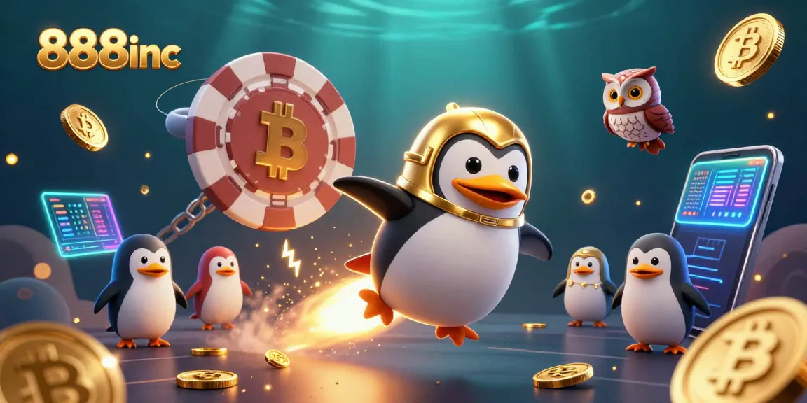 Exciting scene depicting 888inc's golden penguin reaching for jackpot rewards in a vibrant casino-themed universe.