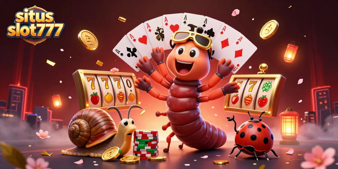 Engage with situs slot777 through vibrant gameplay with a lively millipede dealer amidst slot reels and festive elements.