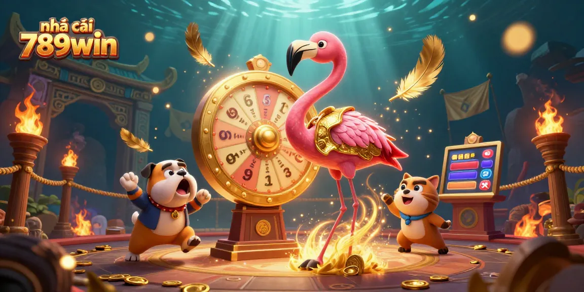 Engage with nhà cái 789win's thrilling prize wheel and exciting casino elements in this vibrant illustration.