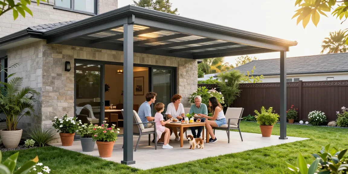 Gemütliche Terrassenüberdachung mit Familie und Gartenatmosphäre