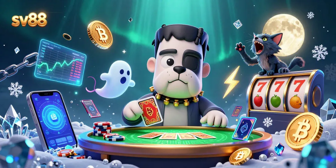 Engage with sv88 through a lively 3D casino scene featuring a Frankenstein bulldog and crypto elements.