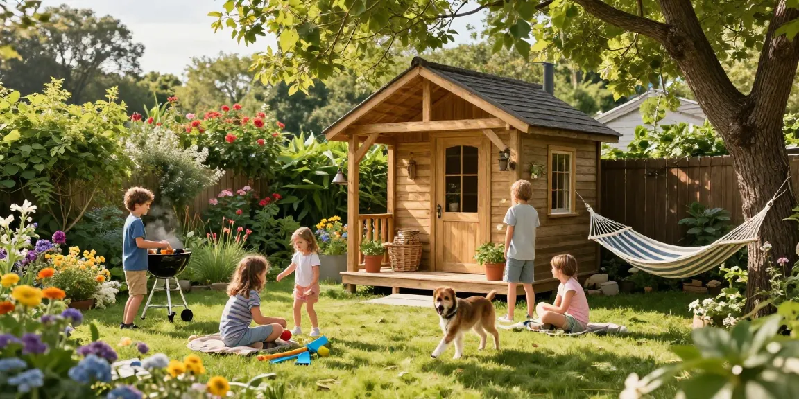 Attraktives Gartenhaus umgeben von bunten Blumen, Familie genießt den Tag im Freien.