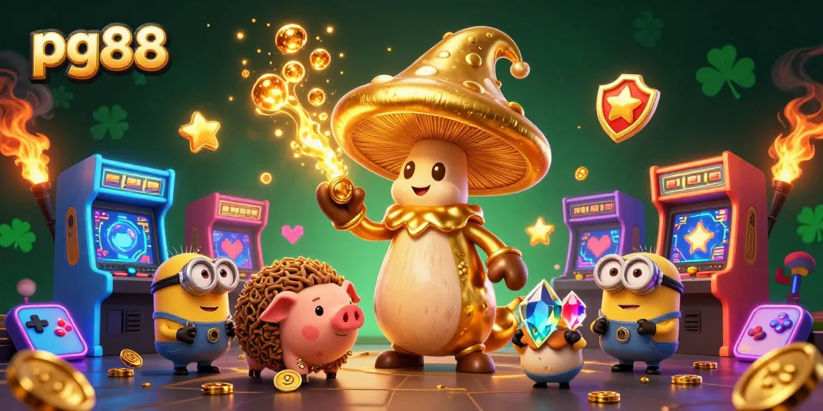 pg88 players enjoy thrilling game dynamics with a magical golden wizard, vibrant arcade machines, and treasure-hunting elements.