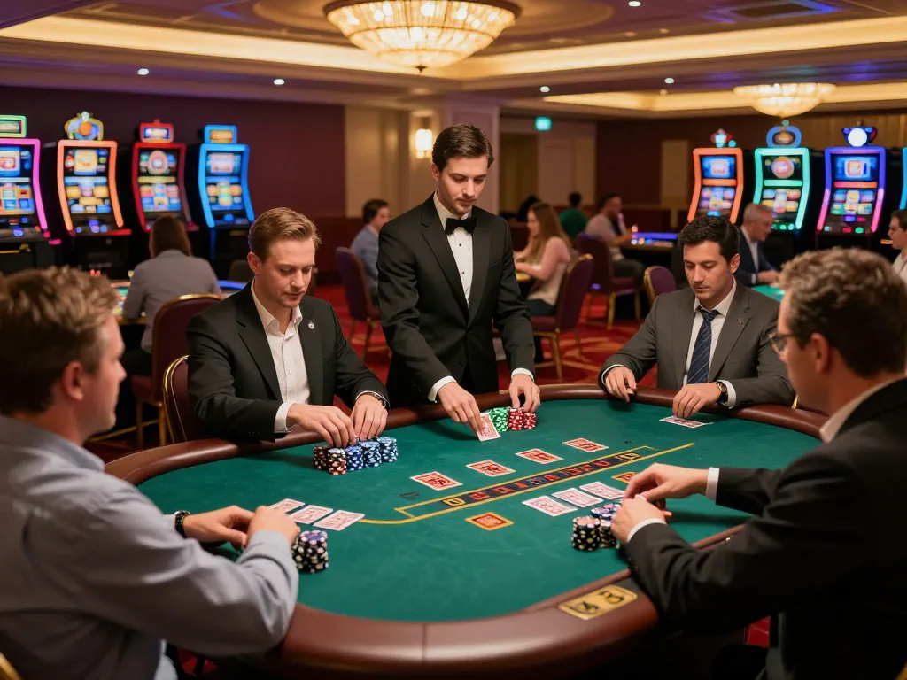 Players enjoying a thrilling blackjack game at a luxurious casino, da88 moment captured with vibrant atmosphere and engaged players