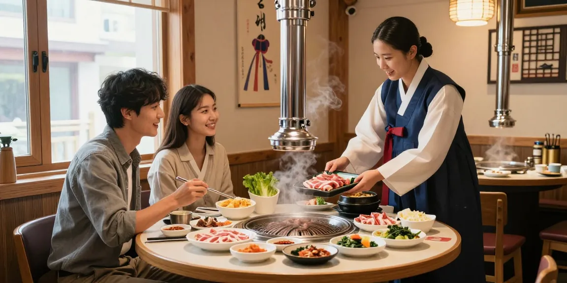 Dining experience at 상봉동 한국관 featuring traditional Korean BBQ and side dishes.