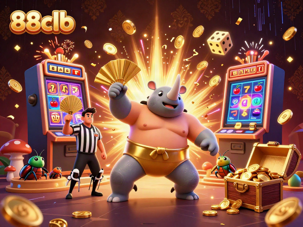 Experience thrilling casino action with 88clb as a hero rhinoceros beetle wins golden coins in vibrant 3D illustration.