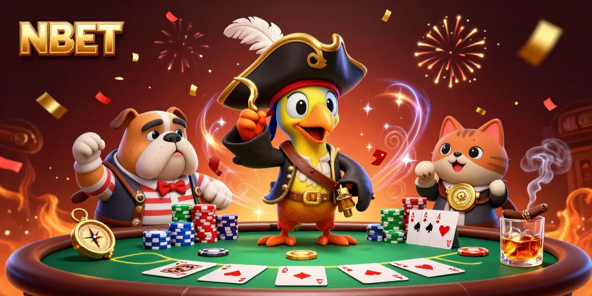 Engage with NBET at a vibrant poker scene featuring a captain parrot and celebratory elements.