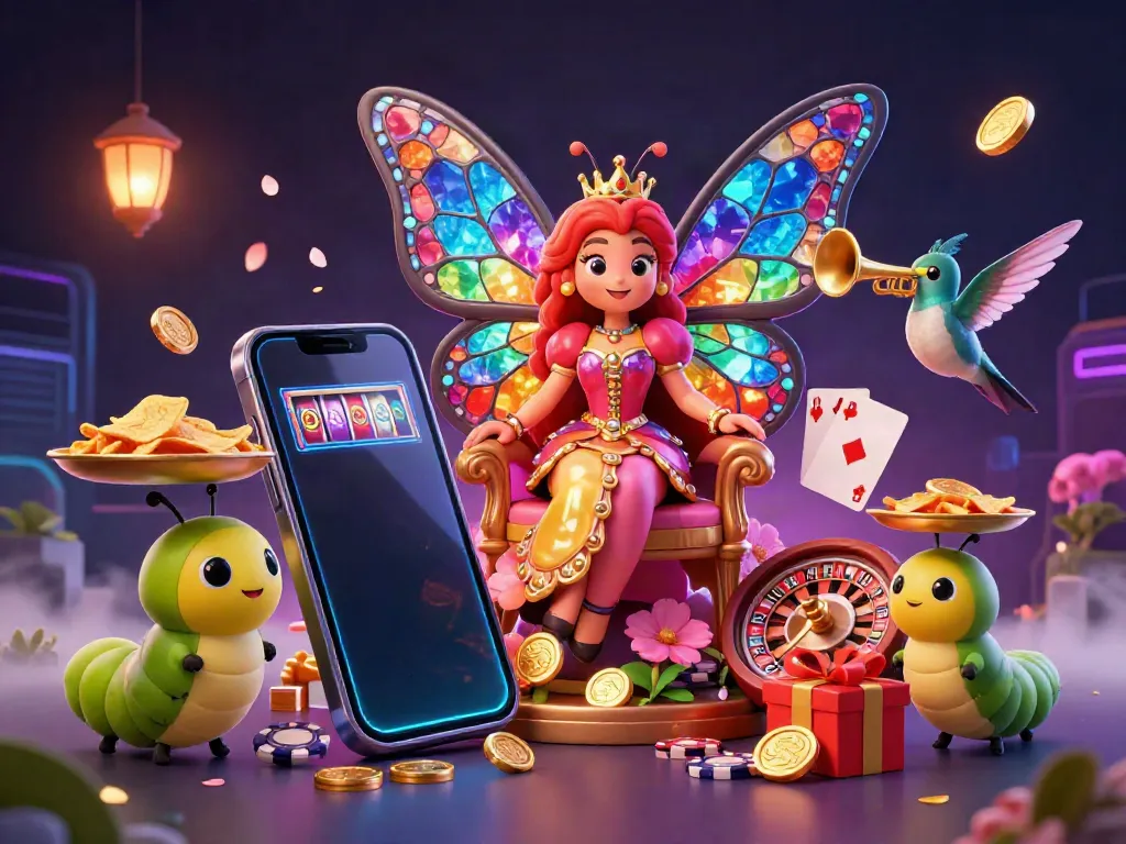 Engage with ku88vt's vibrant gaming scene featuring a 3D butterfly queen in a casino setting.